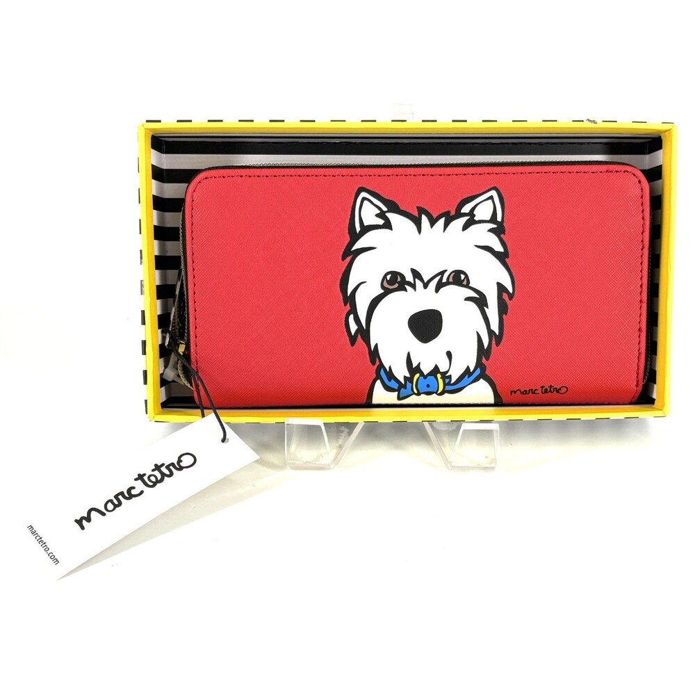NWT Marc Tetro 8” Red With White Westie Zip Faux Leather Wallet w/Box